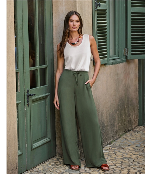 Tie Waist Elastic Back Wide Leg Trouser